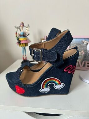 Denim Wedge Sandals with Rainbow & Heart Patches